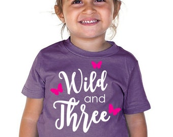 Third 3rd Birthday Wild and Three with Butterflies or Hearts Organic Cotton Toddler Kids T-Shirt