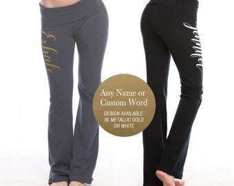 Name or Custom Word Combed Spandex Jersey Yoga Pants with Fold Over Waistband - White or Gold Design XS to 2XL