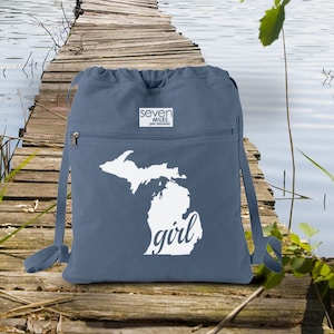 Michigan MI Girl Home State Canvas Backpack Cinch Sack image 1