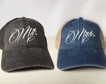 Mr. or Mrs. Trucker Hat - Newlywed Honeymoon Wedding Rehearsal Vintage Look Pigment Dyed Cotton Twill Polyester Mesh Back Low Profile