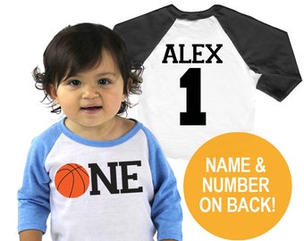 Basketball 1st Birthday Twins Tri-blend Raglan Baseball Shirt - Child Personalized Name and Number on Back - Infant, Toddler sizes