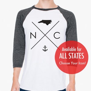 40% KORTING! Reg 26.90 Alle Staten en Washington DC Raglan Baseball Shirts - Heather Zwart en Wit, Unisex Maat S M L XL