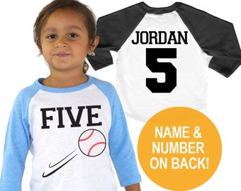 5th Birthday Baseball 5 Five Tri-blend Raglan Shirt - Personalized Name and Number on Back - Toddler sizes Twins