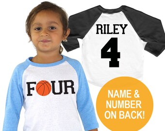 4e anniversaire de basket-ball 4 chemise de baseball raglan triple mélange - nom et numéro personnalisés au dos - tailles pour tout-petits