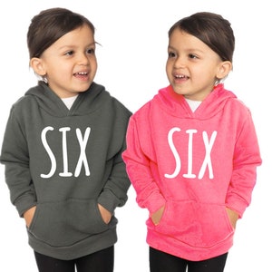 Pode incluir: Duas crianças vestindo suéteres com capuz combinando com a palavra "SIX" impressa na frente. Um suéter é cinza e o outro é rosa.