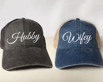 Hubby or Wifey Trucker Hat - Newlywed Honeymoon Wedding Rehearsal Vintage Look Pigment Dyed Cotton Twill Polyester Mesh Back Low Profile