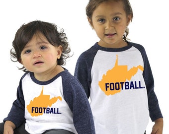 Football West Virginia Tri-blend Raglan Baseball Shirt - Infant, Toddler, Kids sizes Twins Triplets