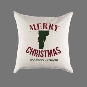 Custom Personalized &#39;Merry Vermont Christmas&#39; Canvas Pillow or Pillow Cover - Holiday Home Throw Pillow - Christmas Gift Home