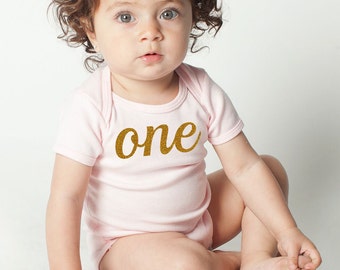 First 1st Birthday Gold Glitter 'One' Cotton Baby One Piece Bodysuit Gift American Made Baby Clothing