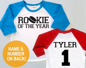 Rookie Hockey Personalized Birthday Raglan Baseball Jersey -  Baby Toddler Kids Poly Cotton 3/4 Sleeve Two Baseball Shirt Twins Triplets