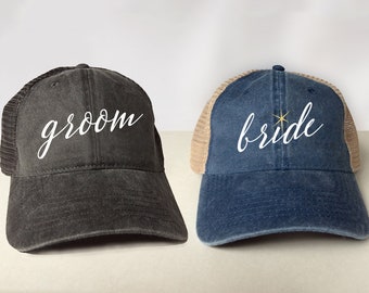 Bride or Groom Trucker Hat - Newlywed Honeymoon Wedding Rehearsal Vintage Look Pigment Dyed Cotton Twill Polyester Mesh Back Low Profile