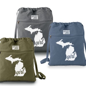 Michigan MI Girl Home State Canvas Backpack Cinch Sack image 2