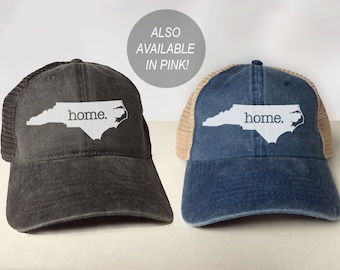 North Carolina NC 'Home' Soft Crown Low Profile Trucker Hat - Vintage Look Relaxed Fit Cotton Twill Polyester Mesh Back 6 Panel Trucker Hat