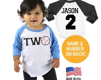 Baseball 2nd Birthday Twins Tri-blend Raglan Baseball Shirt - Personalized Name and Number on Back - Infant, Toddler sizes
