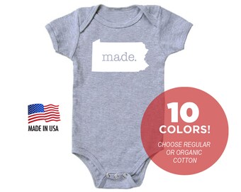 Pennsylvania 'Made.' Cotton One Piece Bodysuit - Infant Girl and Boy Gift American Made Baby Clothing