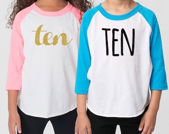 Tenth Birthday 'Ten' Poly Cotton 3/4 Raglan Sleeve Baseball Shirt - 10th Birthday Kid's Youth Shirt