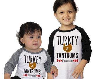 Turkey & Tantrums #Toddlerlife Christmas Thanksgiving Tri-blend Raglan Baseball Shirt - Infant, Toddler, Kid Sizes Holiday Gift