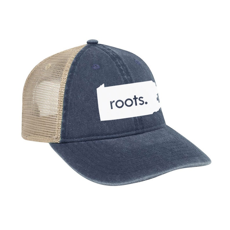 Vintage Look Pigment Dyed Cotton Twill Polyester Mesh Back 6 Panel Low Profile Trucker Dad Hat Pennsylvania /'Roots/' Trucker Hat