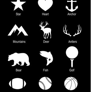 Puede incluir: Una hoja de dise&ntilde;o gr&aacute;fico en blanco y negro con 12 iconos diferentes. Los iconos incluyen una estrella, un coraz&oacute;n, un ancla, monta&ntilde;as, un ciervo, astas, un oso, un pez, una pelota de golf, un bal&oacute;n de f&uacute;tbol, una pelota de b&eacute;isbol y una pelota de baloncesto.