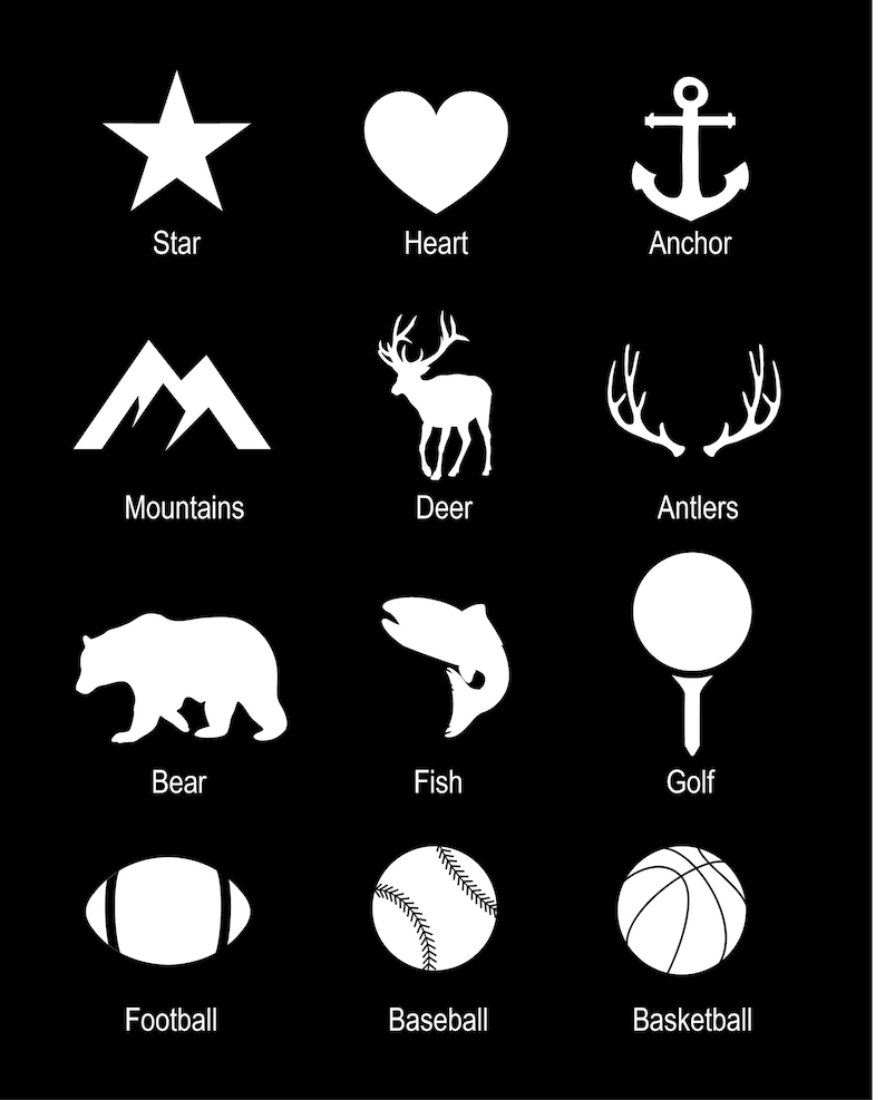 Puede incluir: Una hoja de dise&ntilde;o gr&aacute;fico en blanco y negro con 12 iconos diferentes. Los iconos incluyen una estrella, un coraz&oacute;n, un ancla, monta&ntilde;as, un ciervo, astas, un oso, un pez, una pelota de golf, un bal&oacute;n de f&uacute;tbol, una pelota de b&eacute;isbol y una pelota de baloncesto.