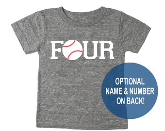 Fourth 4th Birthday 'Four' Baseball Tri Blend Toddler Fourth Birthday T-Shirt - Toddler Boy and Girl Tee