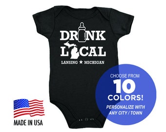 Michigan Humorous 'Drink Local' Cotton or Organic Cotton Baby One Piece Bodysuit - Infant Girl or Boy Gift American Made Baby Clothing