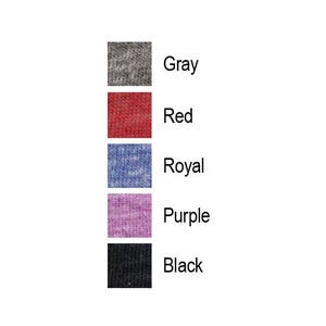 May include: Five fabric swatches in different colors: gray, red, royal blue, purple, and black.