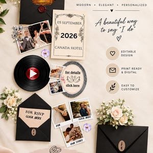 May include: A wedding invitation set featuring black envelopes with wax seals, a cream-colored card with the text 05 SEPTEMBER 2026 CANADA HOTEL, a vinyl record graphic, and several small photographs of a couple. Includes text for RSVP and details.