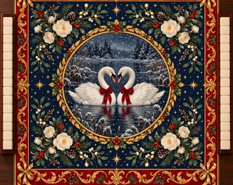 Tapete de Mahjong navideño, cisnes victorianos en un lago nevado, personalizado, 31,5 o 20,9 pulgadas.