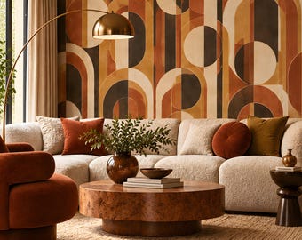 Retro Arch Wallpaper Mural, 70s Mid Century Geometric, Terracotta Mustard, Peel and Stick