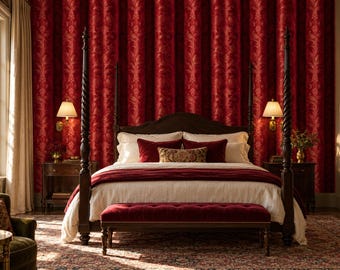 Papel pintado de terciopelo para cortinas, estampado de cortinas trampantojo en rojo burdeos, autoadhesivo o tradicional.
