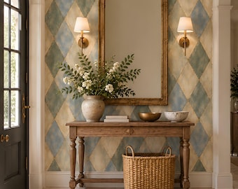 Harlequin Wallpaper, Hand Painted Diamond, Sage Blue Cream Gold Lines, Peel and Stick