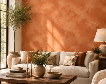 Terracotta Limewash Wallpaper, Burnt Orange Plaster Effect, Mediterranean Textured Look, Peel and Stick