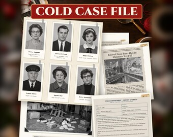 Archivo imprimible de casos sin resolver navideños, juego de misterio detectivesco para adultos, 26 documentos de evidencia, de 1 a 6 jugadores.