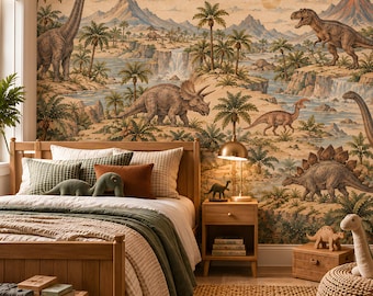 Dinosaur Wallpaper Mural, Vintage Prehistoric Kids Room and Nursery Mural, Peel and Stick