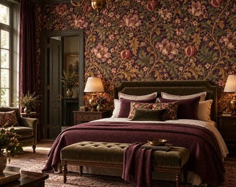 Puede incluir: Un dormitorio con papel tapiz floral oscuro con motivos de granadas, una cama tapizada en terciopelo con ropa de cama color burdeos, un banco capitoné verde oliva a juego a los pies de la cama y dos lámparas de mesa con pantallas plisadas.