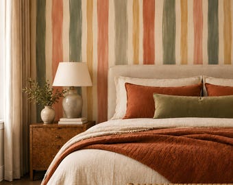 Painted Stripe Wallpaper, Terracotta Sage Ochre Vertical Stripes, Warm Boho, Peel and Stick