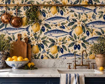 Lemon and Sardine Wallpaper, Mediterranean Kitchen Fish Wallpaper, Navy and Yellow, Peel and Stick