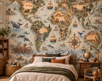 Vintage World Map Wallpaper Mural, Illustrated Kids Map with Animals, Peel and Stick