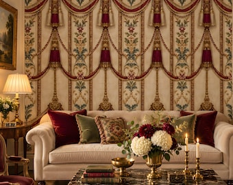 Papel pintado con borlas, estilo Regency Trompe L'oeil, guirnalda burdeos y franja de rosetas doradas, autoadhesivo o tradicional.
