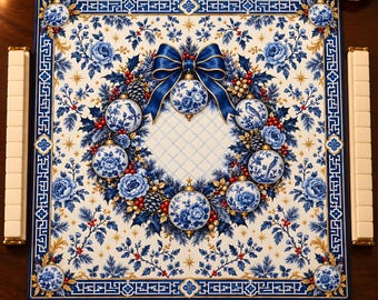 Puede incluir: Un tapete de mahjong cuadrado con un diseño central de corona navideña con adornos florales azules y blancos, ramas de pino, bayas rojas y un gran lazo azul, rodeado por un borde geométrico azul y cuatro soportes para fichas.