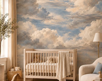 Cloud Wallpaper Mural, Vintage Painted Sky Fresco, Pastel Blue Nursery Mural, Peel and Stick