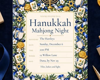 Kit para fiesta de Mahjong de Hanukkah, invitación rellenable, tarjeta de puntuación, tarjetas de lugar, descarga instantánea en PDF.