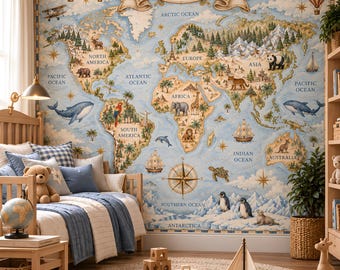 Personalized World Map Wallpaper with Name, Kids Nursery Map Mural, Peel and Stick