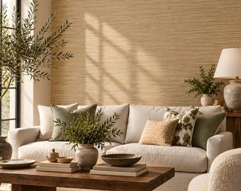 Faux Grasscloth Wallpaper, Natural Beige Woven Look, Neutral Organic Modern, Peel and Stick