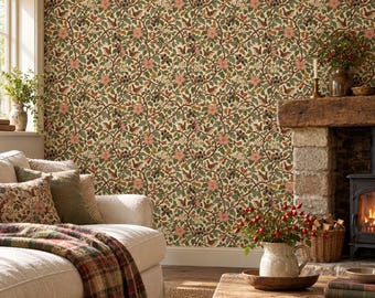 Papel pintado Cottagecore, seto inglés con reyezuelos, rosales silvestres y moras, autoadhesivo o tradicional.