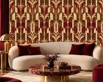 Papel pintado Art Déco, mármol rojo burdeos y arcos con incrustaciones de oro, autoadhesivo de lujo o tradicional.