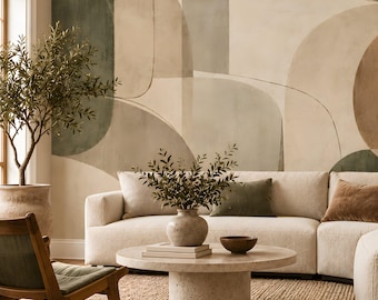 Abstract Arch Wall Mural, Neutral Organic Shapes, Sage Taupe Cream Japandi, Peel and Stick