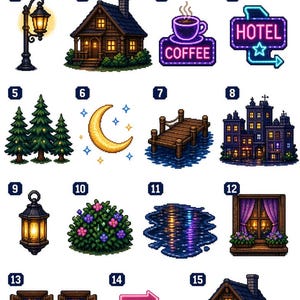 Peut inclure: Une collection de 15 éléments en pixel art intitulée 15 Pixel Art Elements - Night & Cozy Collection. L'ensemble comprend un lampadaire, un chalet en bois, une enseigne café, une enseigne hôtel, des sapins, un croissant de lune, un ponton en bois, un immeuble, une lanterne, un buisson fleuri, un reflet dans l'eau, une fenêtre avec des rideaux violets, deux fenêtres avec jardinières et trois flèches néon.