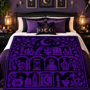 May include: A rectangular crochet blanket featuring a purple and black colour scheme with a repeating pattern of shelves containing a skull, hourglass, potion bottles, books, a raven, and a crescent moon, all framed by leafy vine motifs.